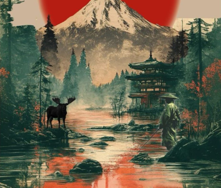 Illustration from the Book 1 cover: a moose and a wanderer in a straw hat by a river, with a pagoda and Mount Fuji behind