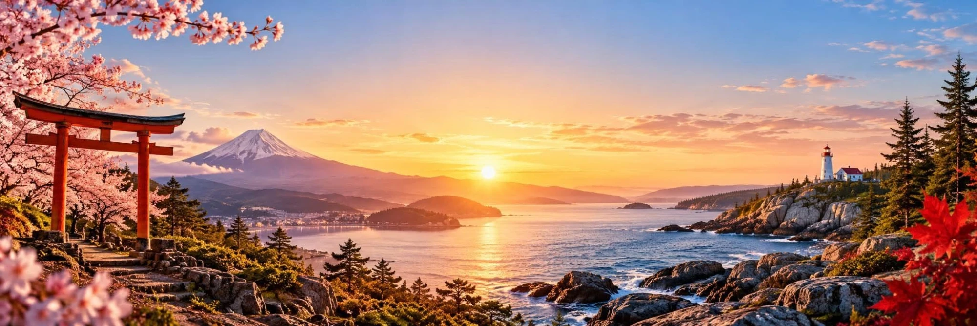 Panorama joining Japan and Atlantic Canada at sunset: a red torii gate, cherry blossoms and Mount Fuji on one side, a lighthouse and red maple leaves on the other