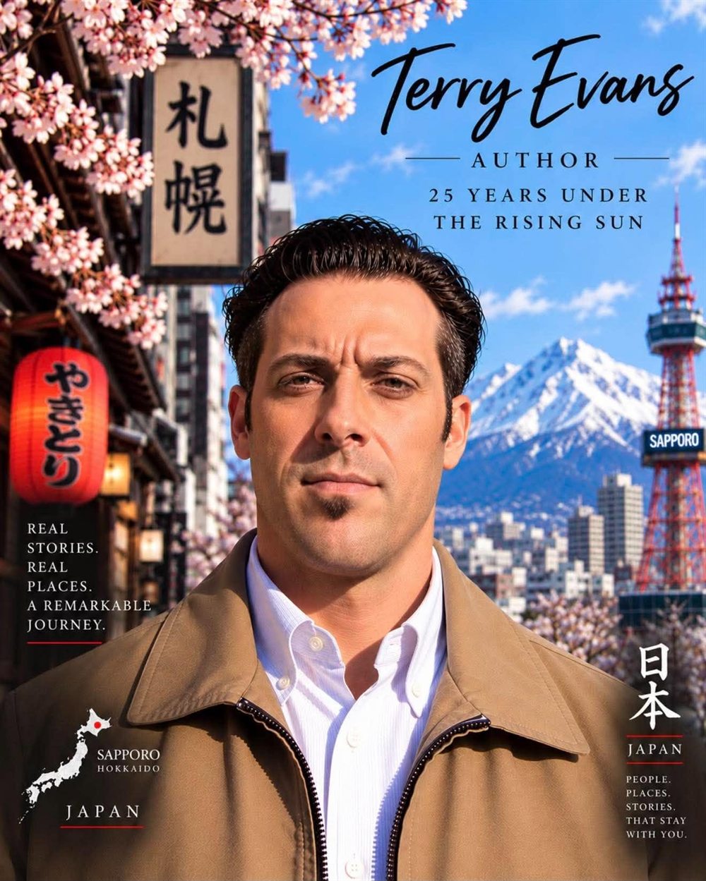 Terry Evans in Sapporo, with cherry blossoms, a yakitori lantern, the Sapporo TV Tower and snowy mountains behind him